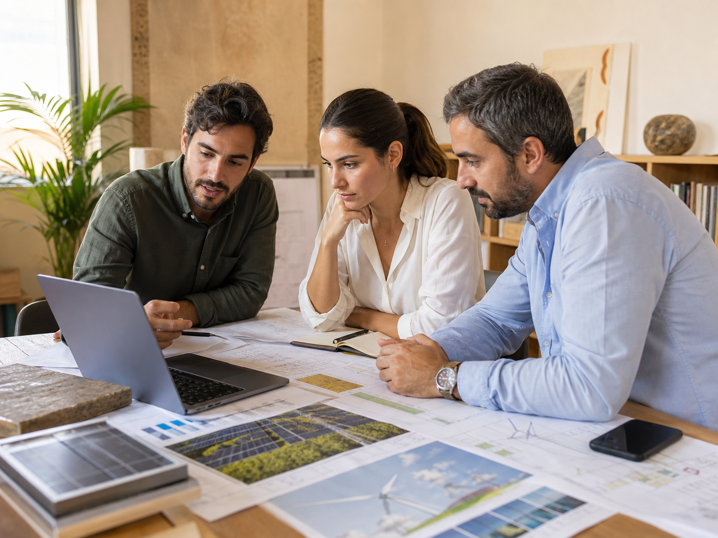 Lisbon renewable-energy engineers reviewing solar, wind, and grid assumptions