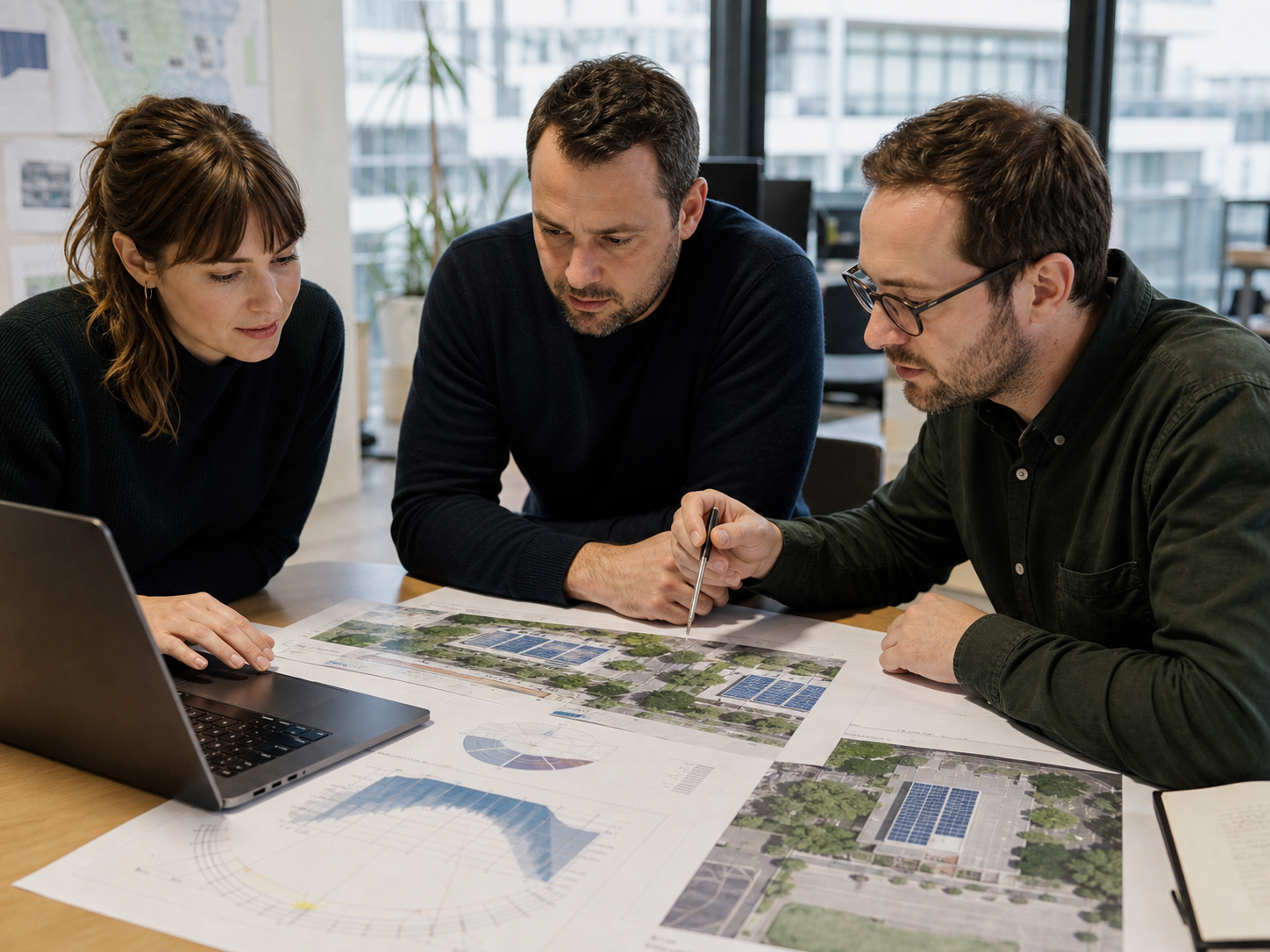 London renewable-energy professionals reviewing solar calculations and project plans