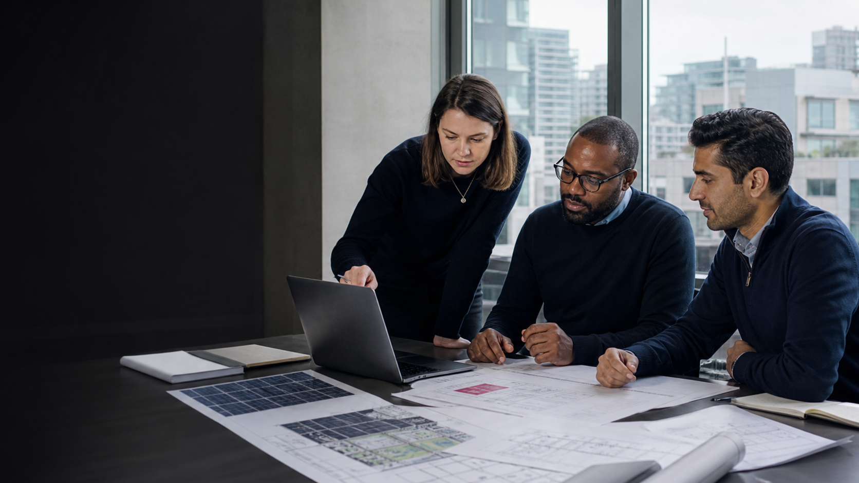 London renewable-energy professionals reviewing a project proposal and engineering plans