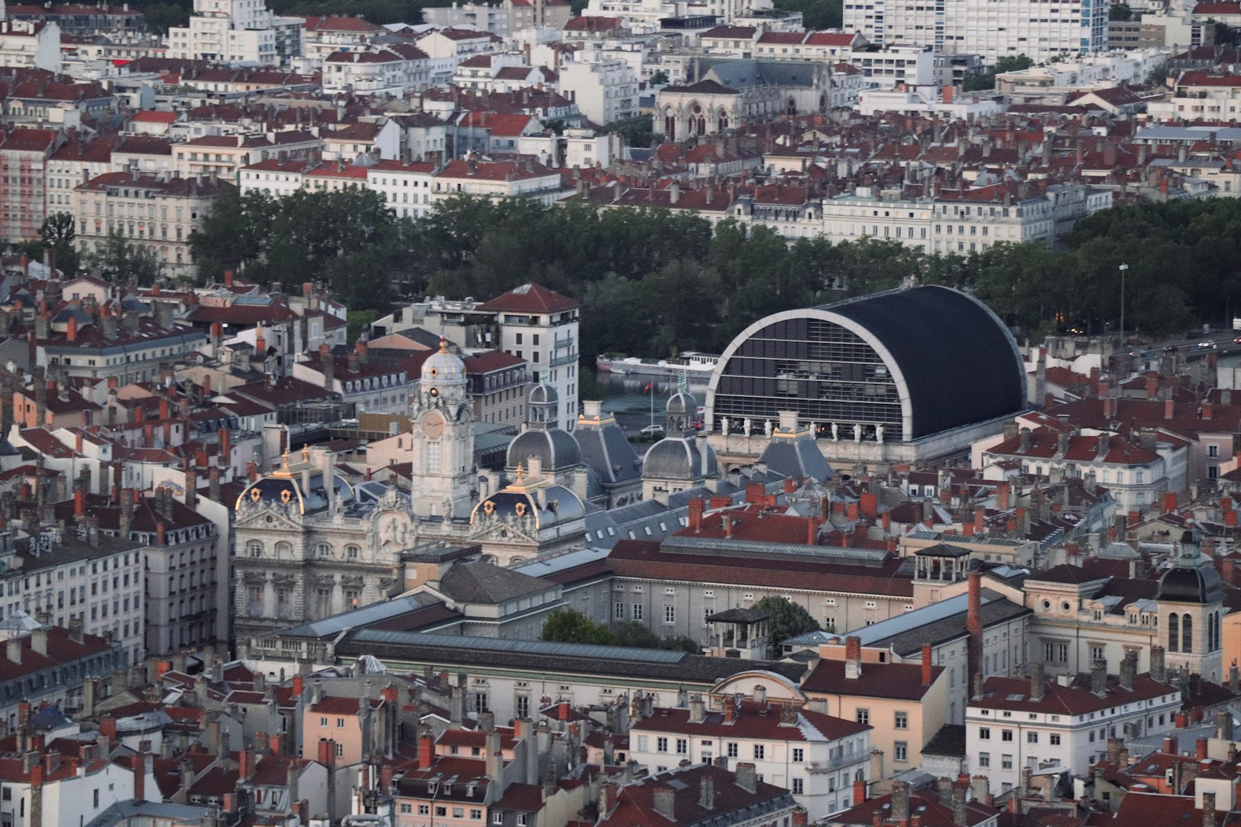 Lyon city rooftops and river district photographed from above