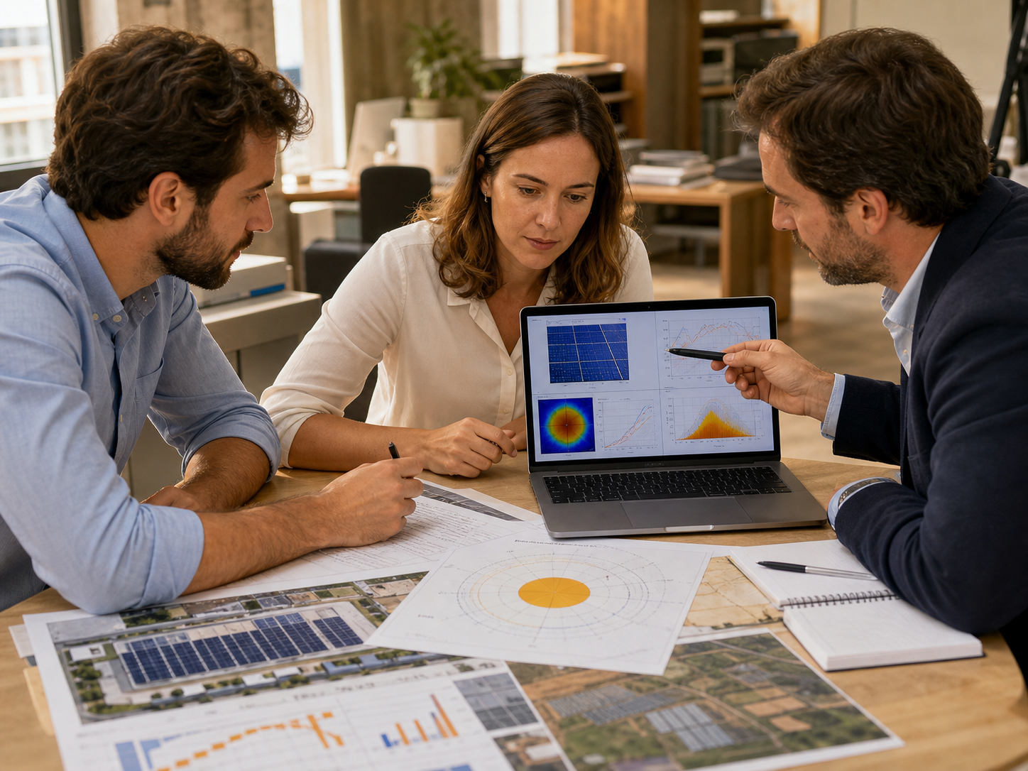 Madrid renewable-energy professionals reviewing sun-position calculations and project plans