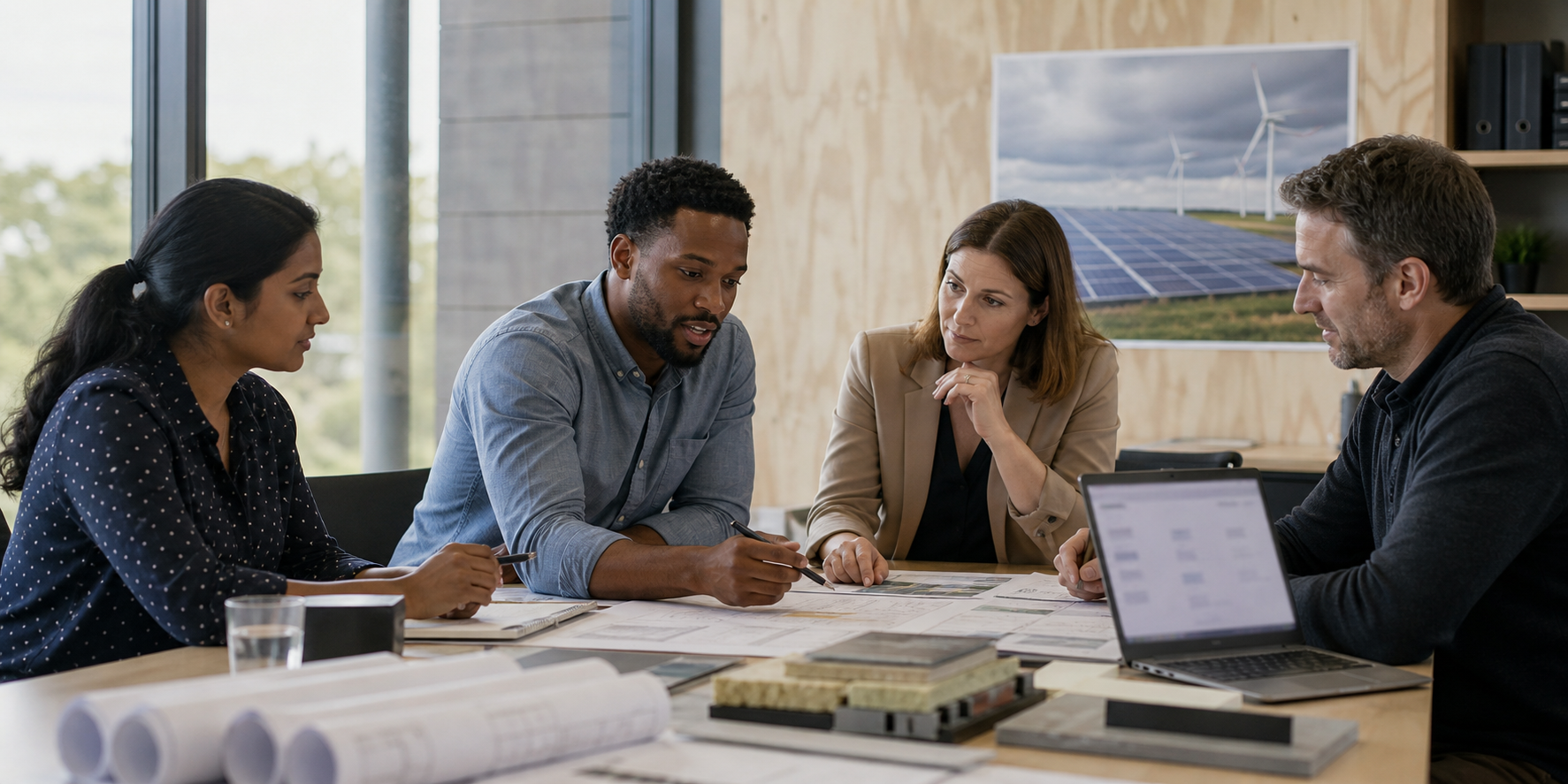 Manchester renewable-energy project team connecting UK customer and supplier work
