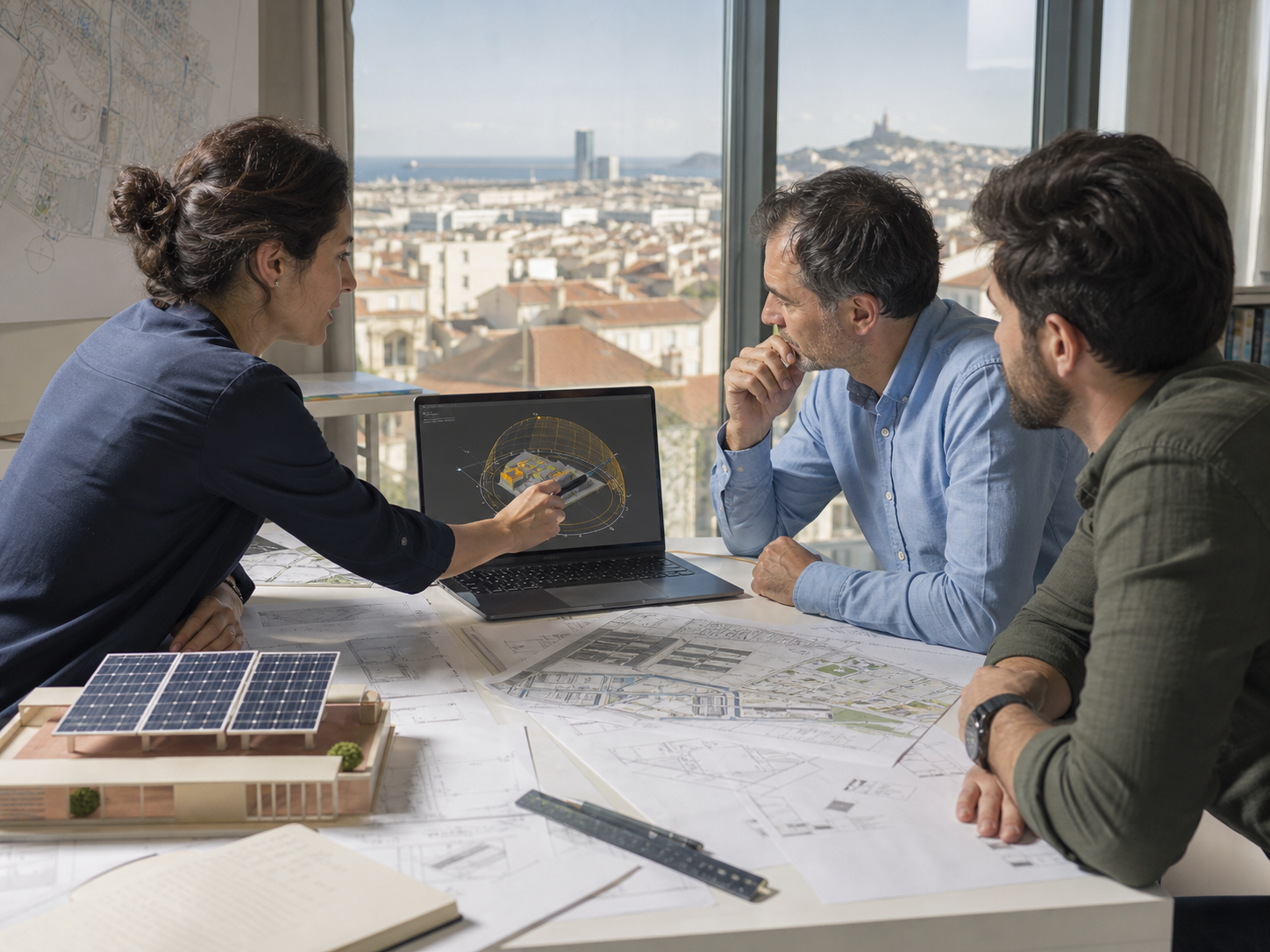 Marseille engineers reviewing sun position, shading, and heat-demand assumptions