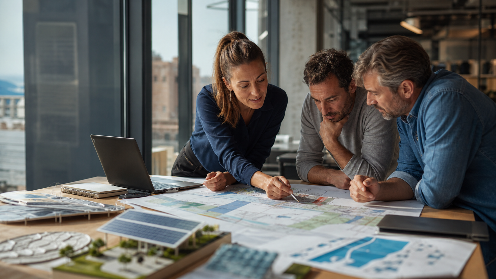 Marseille renewable-energy professionals reviewing a solar and heat-network project