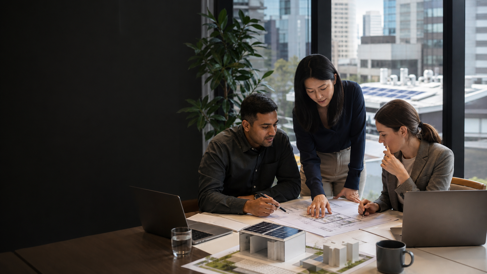 Melbourne renewable-energy professionals reviewing a zero-carbon building and battery project