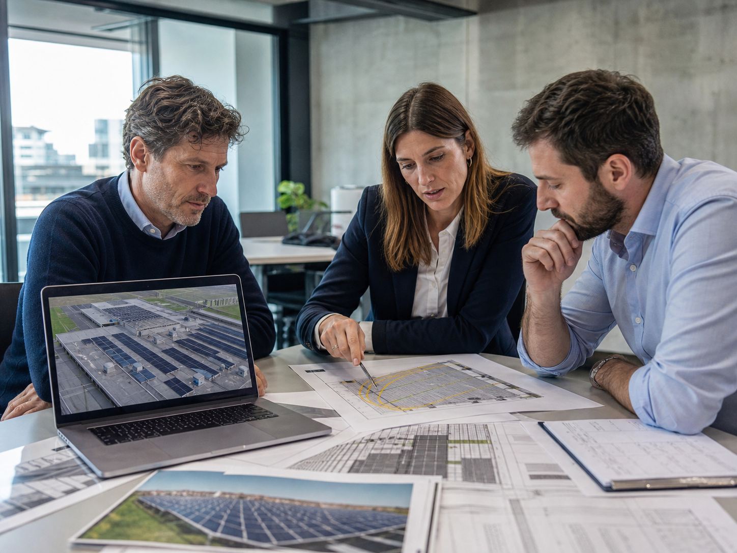 Milan renewable-energy professionals reviewing solar assumptions and project plans