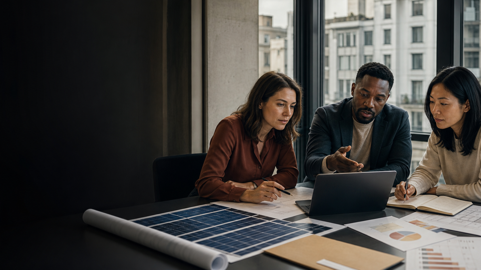 Milan renewable-energy professionals reviewing an industrial solar project proposal