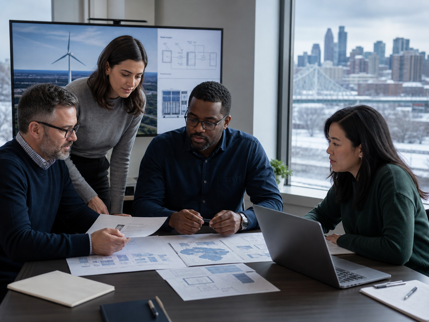 Montreal renewable-energy professionals reviewing bilingual security and recovery priorities