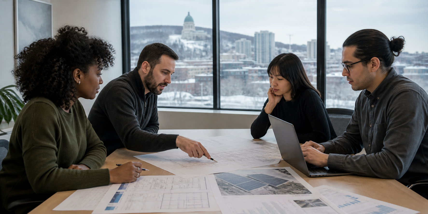 Montreal renewable-energy project team connecting customer, utility, and supplier work