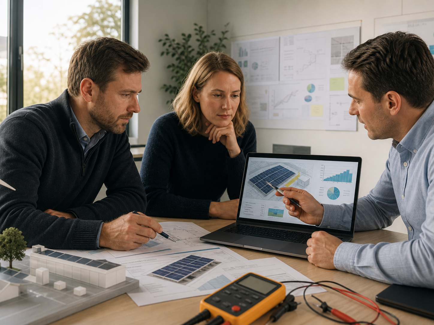 Munich renewable-energy engineers reviewing solar, storage, and demand assumptions