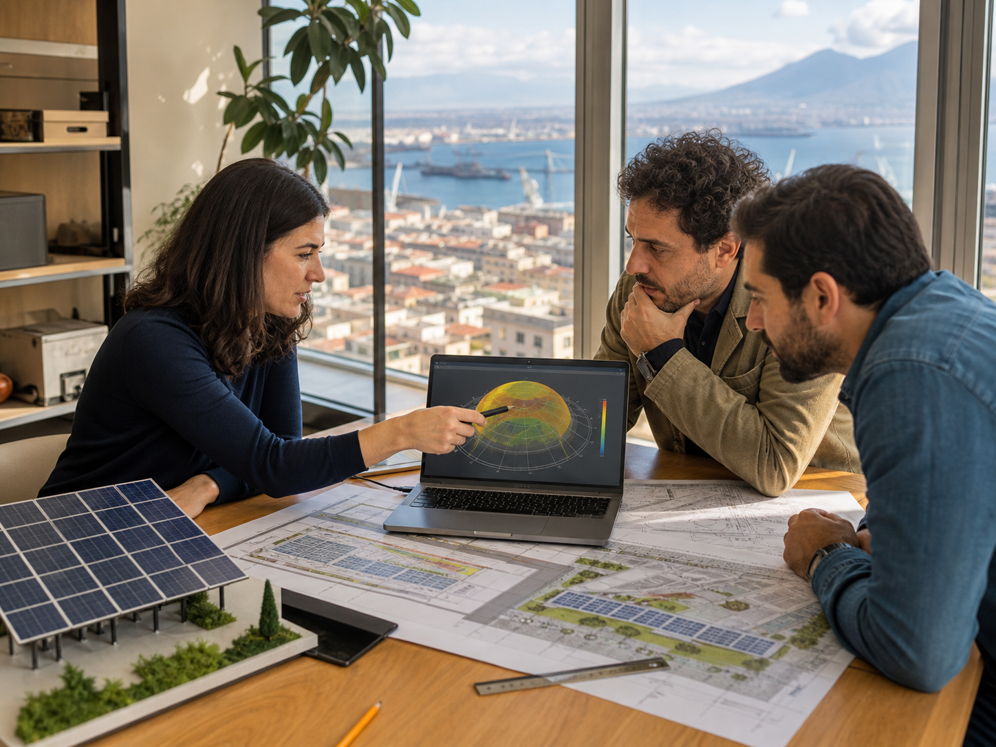 Naples engineers reviewing sun position, shading, and solar yield assumptions