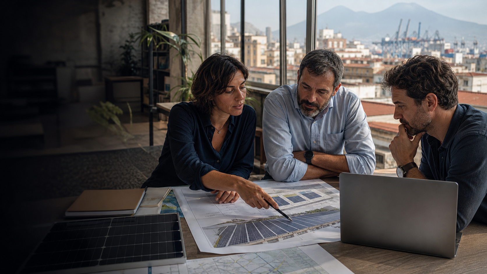 Naples renewable-energy professionals reviewing a solar and industrial energy project