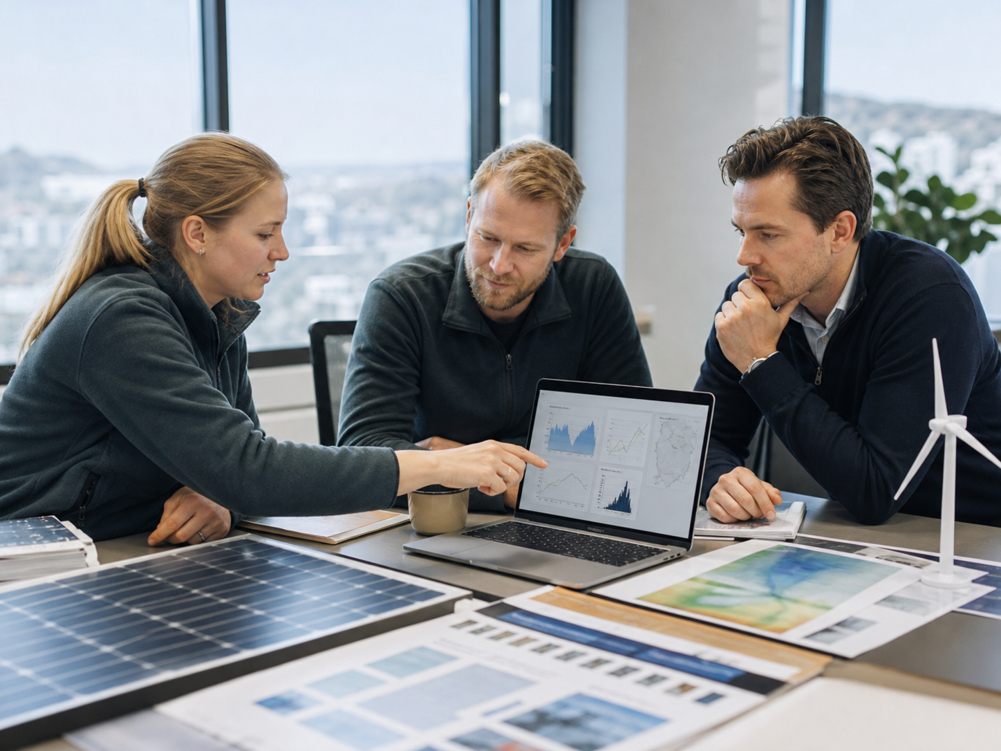 Oslo renewable-energy engineers reviewing hydropower, wind, and solar assumptions
