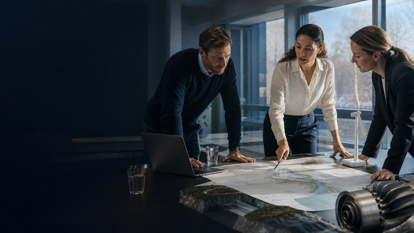 Oslo renewable-energy professionals reviewing a hydropower and wind project plan