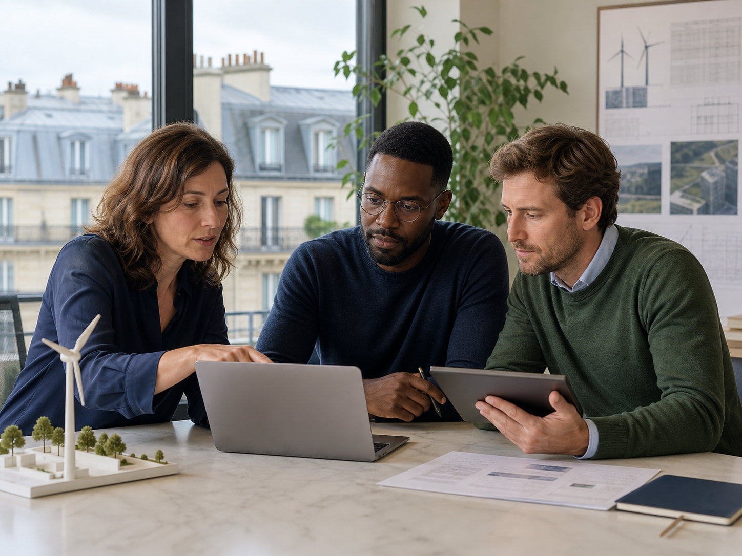 Paris renewable-energy professionals reviewing an AI workflow together