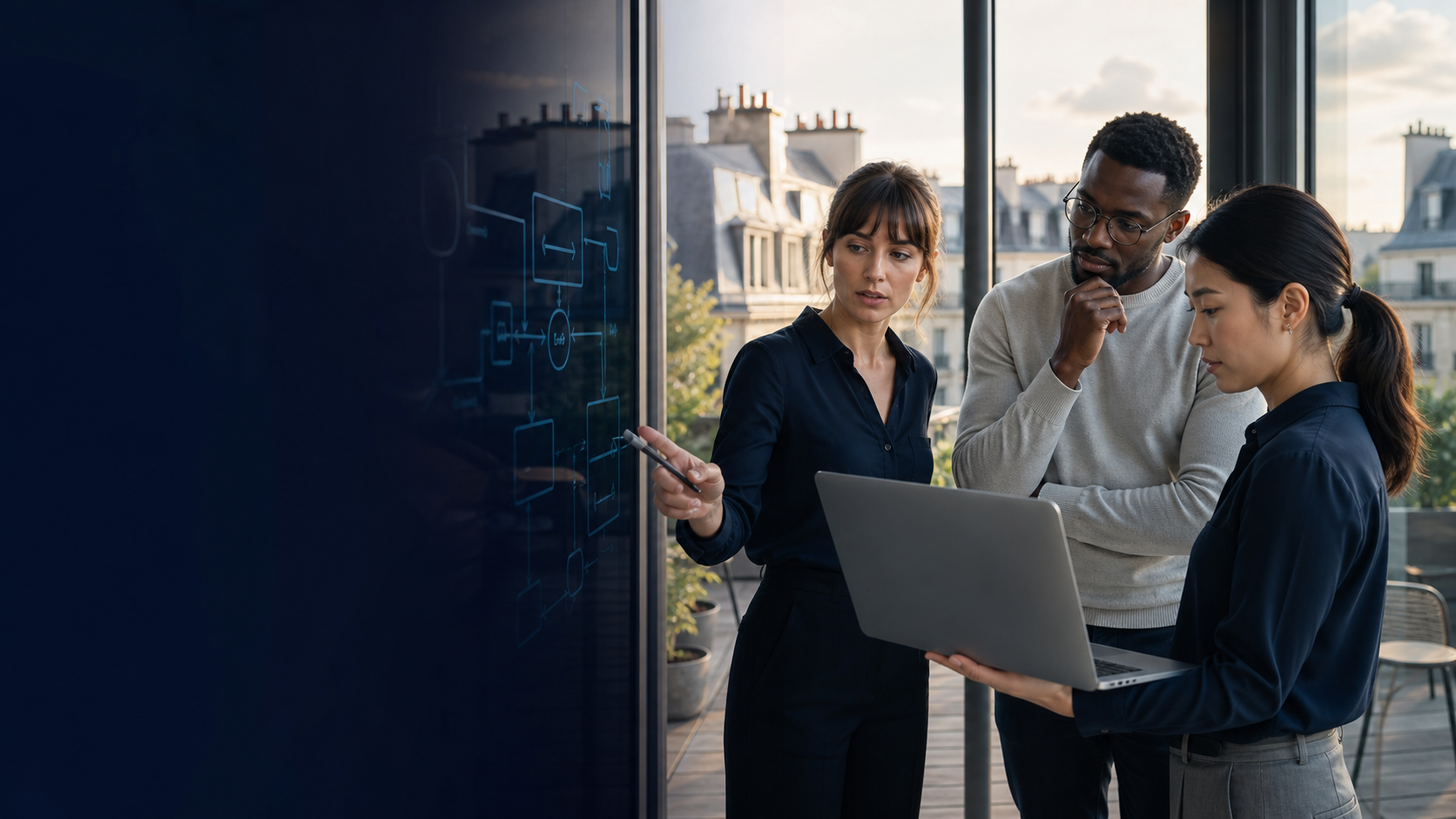 Paris business professionals reviewing an AI workflow in a modern office