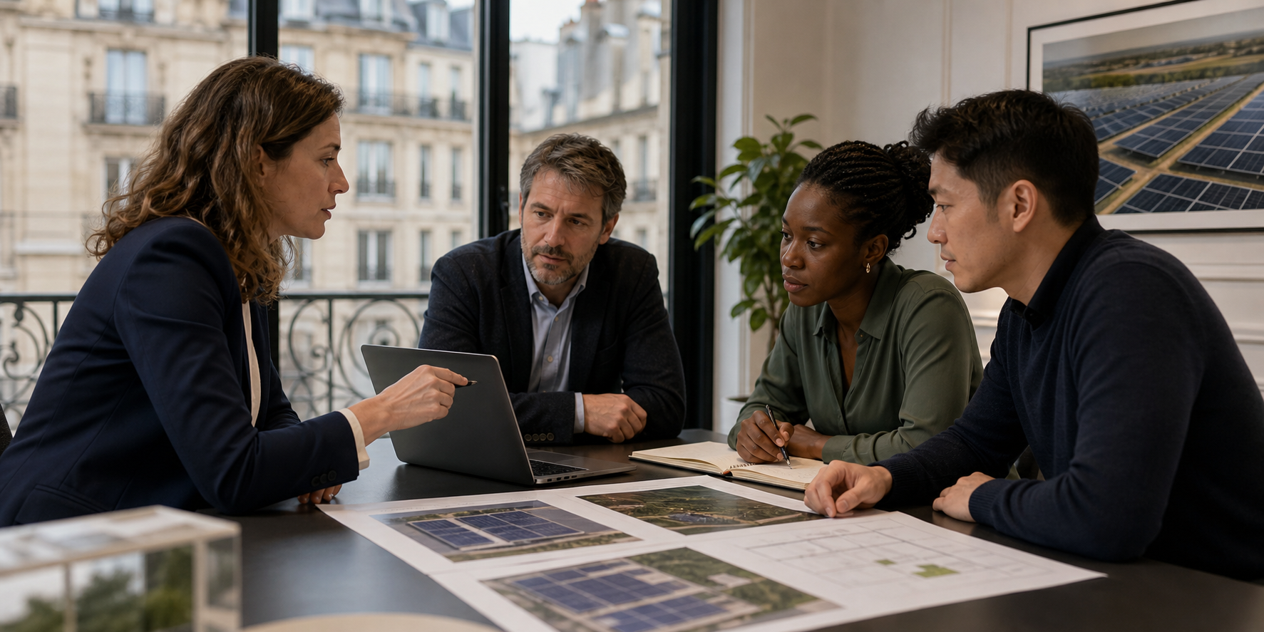 Paris renewable-energy professionals reviewing solar project material around a laptop