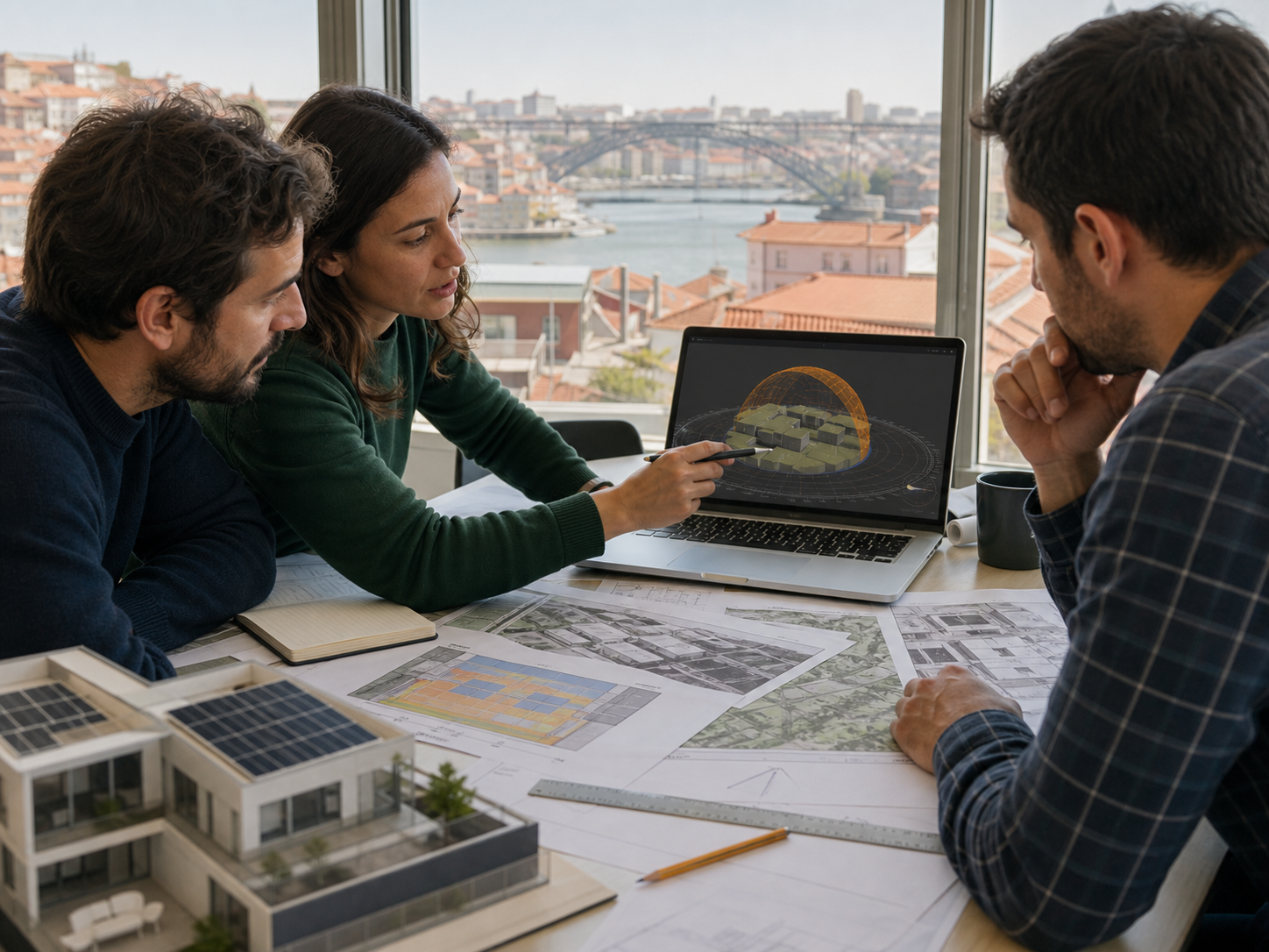 Porto engineers reviewing sun position, shading, and shared solar assumptions