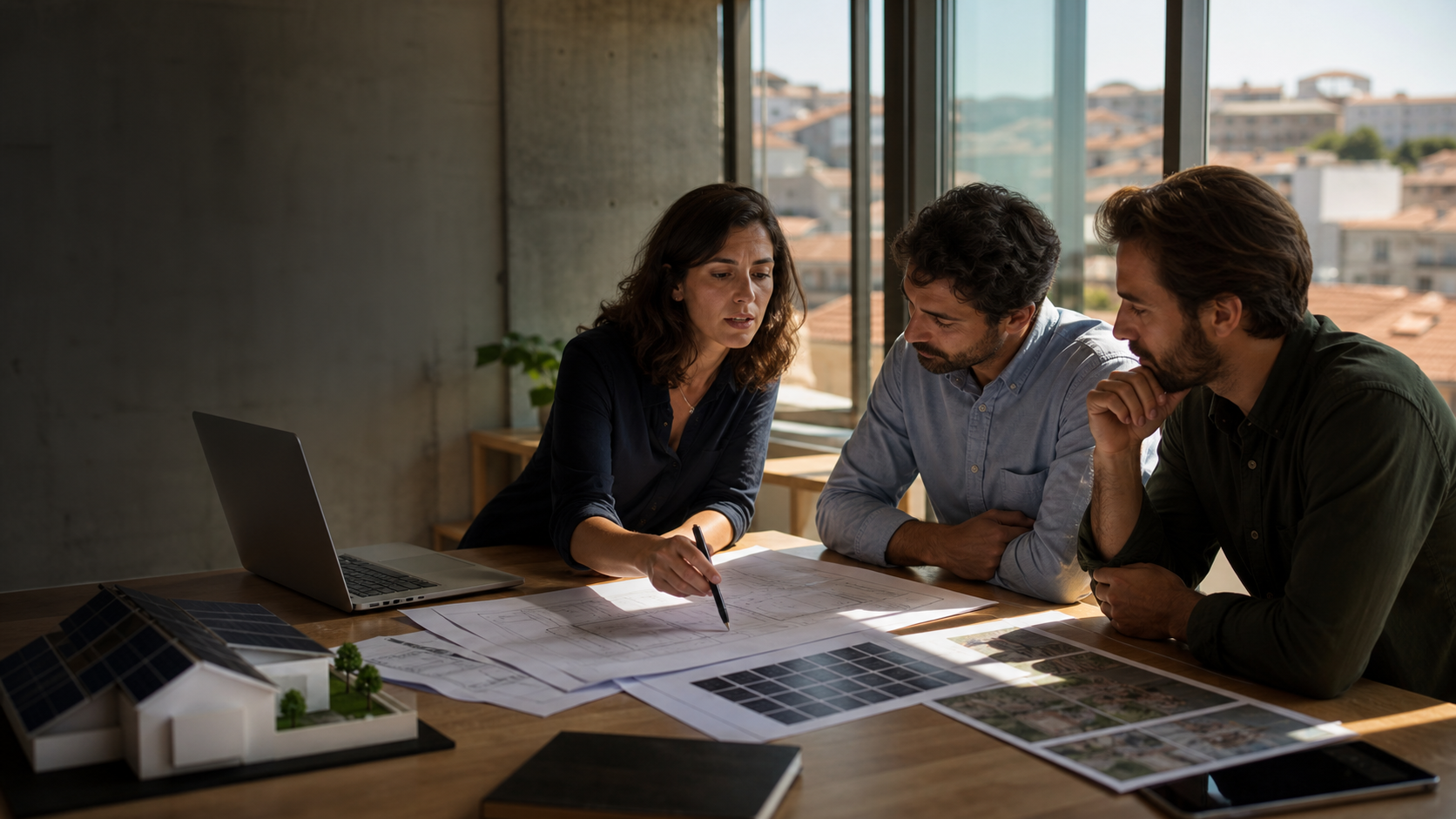 Porto renewable-energy professionals reviewing a solar and energy-community project