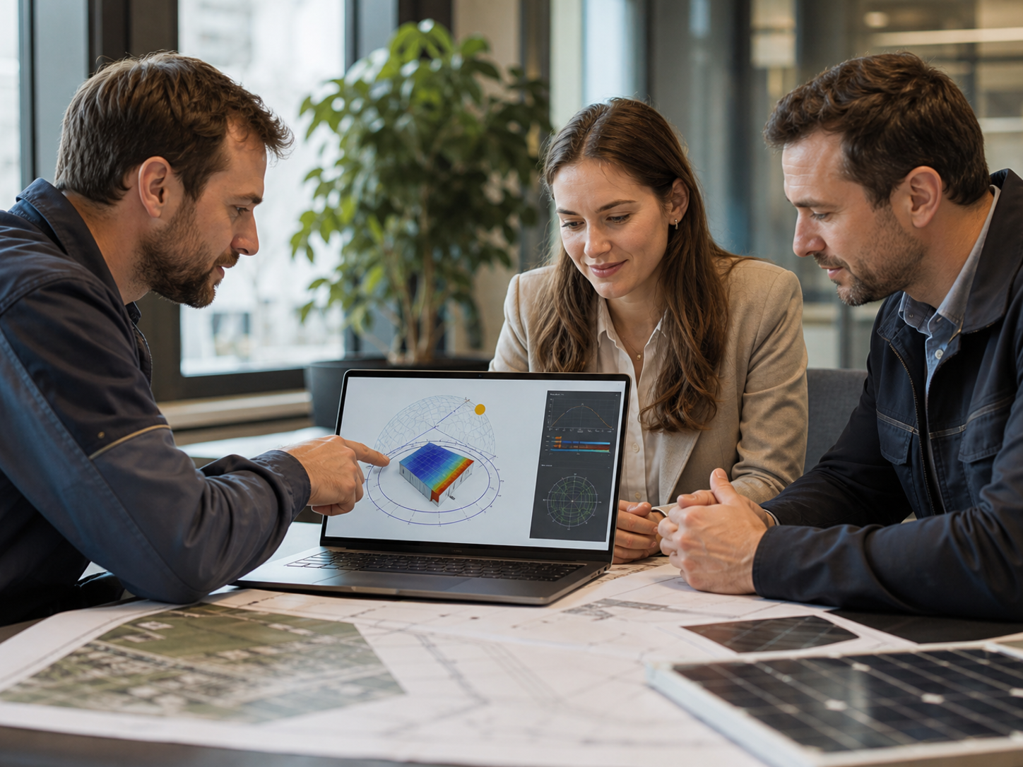 Prague renewable-energy engineers reviewing solar position and project assumptions