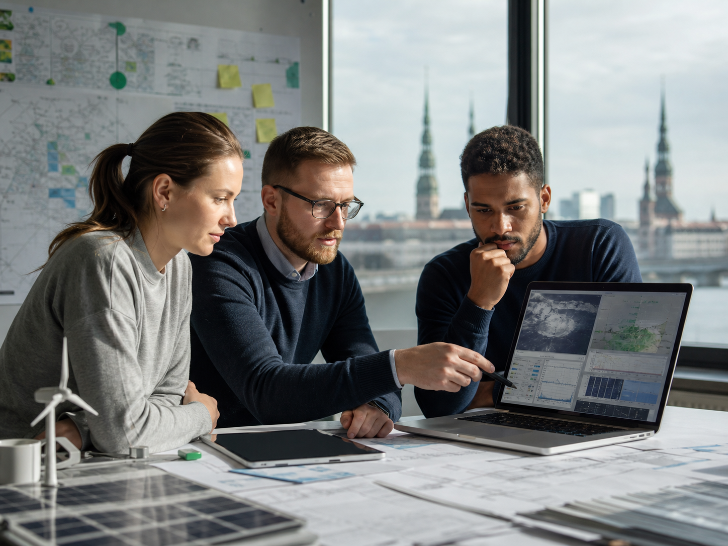Riga engineers reviewing solar forecast, wind, and storage assumptions