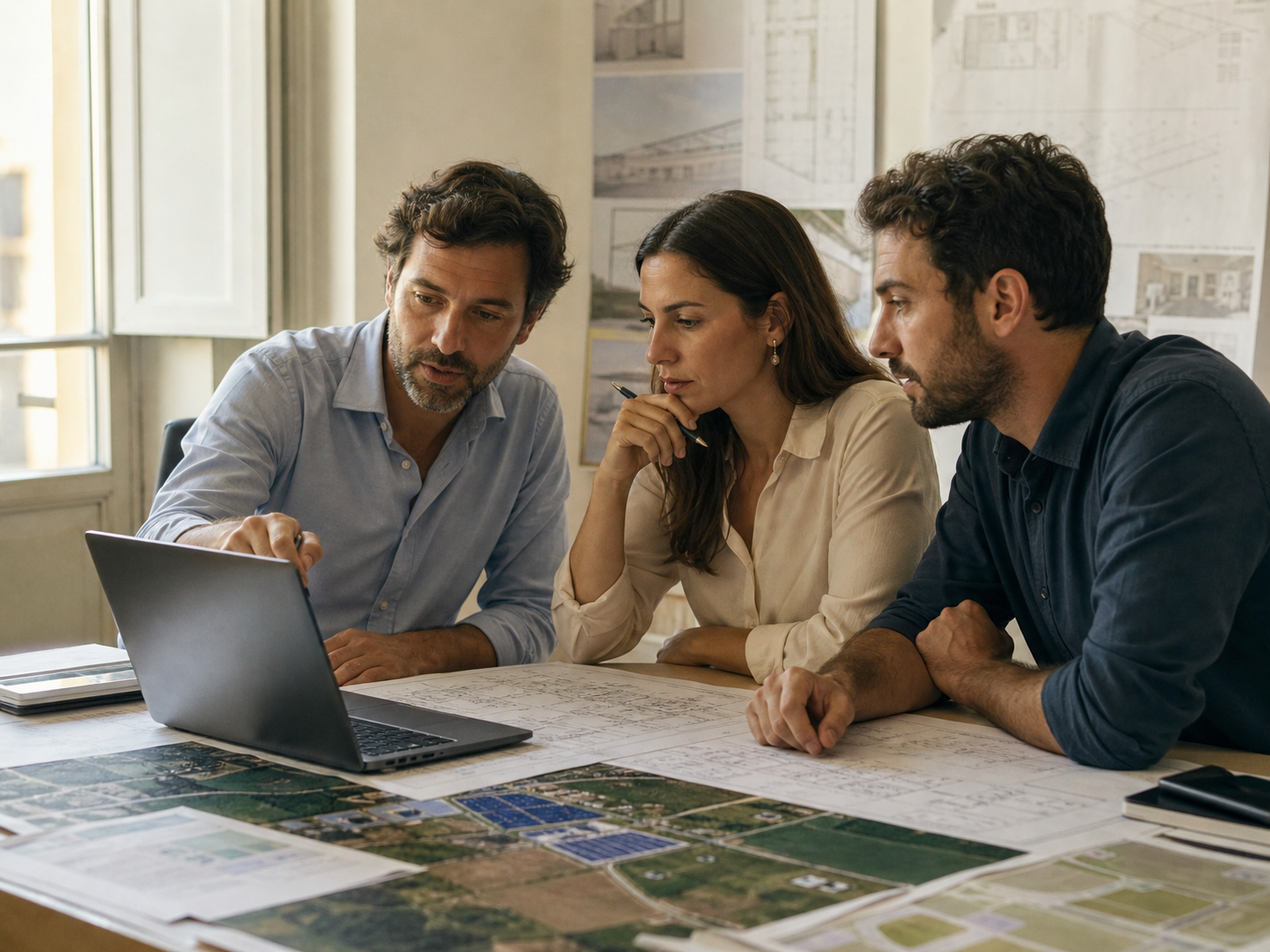 Rome renewable-energy engineers reviewing solar, wind, and hydro assumptions