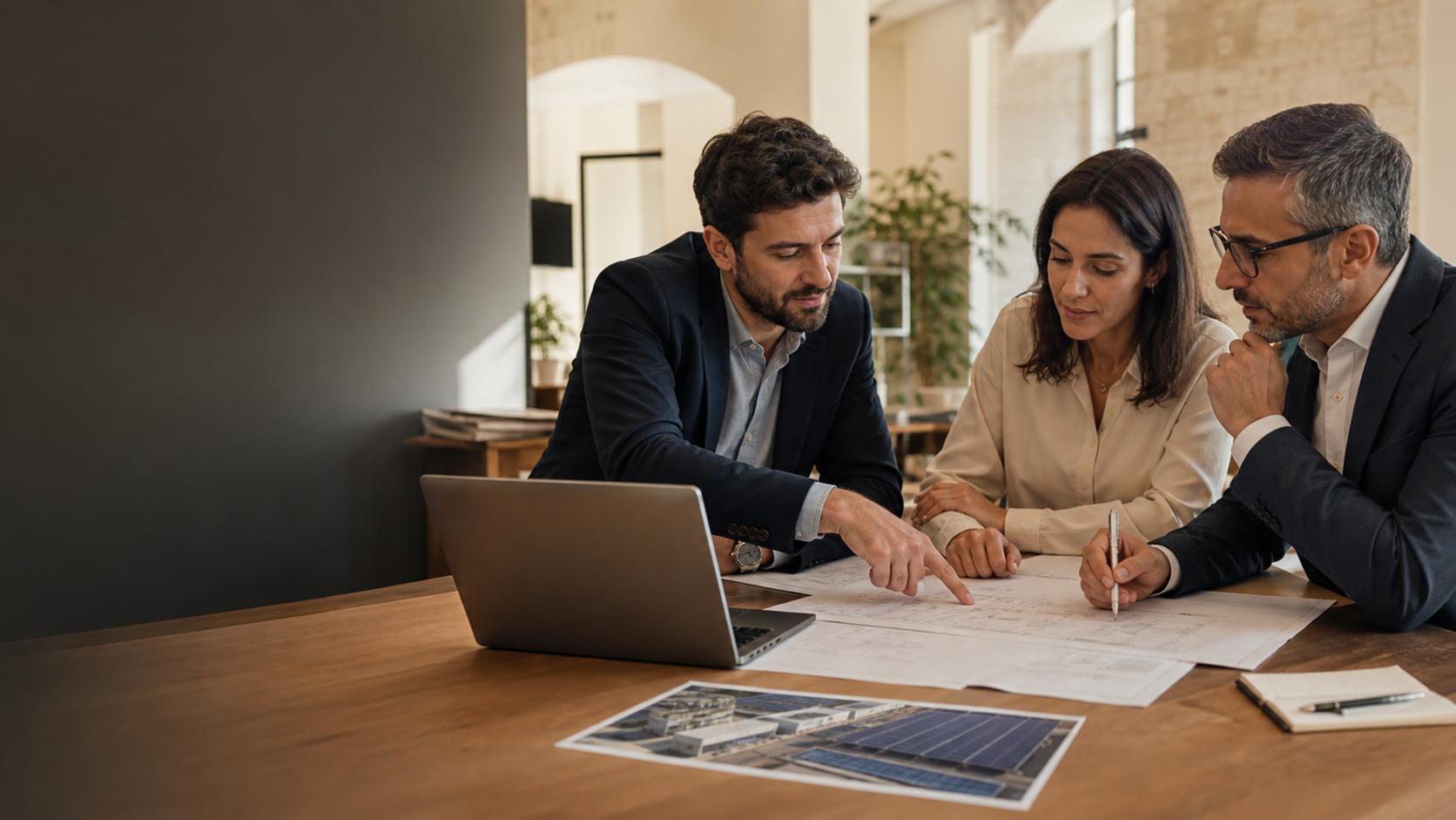Rome renewable-energy professionals reviewing an Italian project proposal