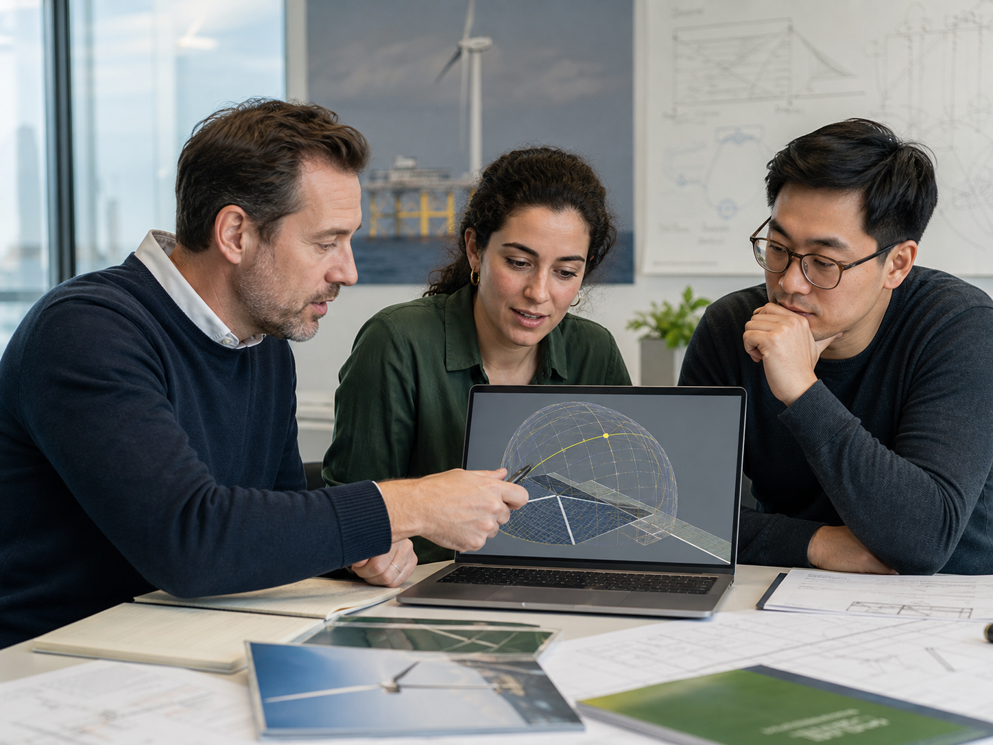 Rotterdam engineers reviewing solar position, grid, and offshore energy assumptions