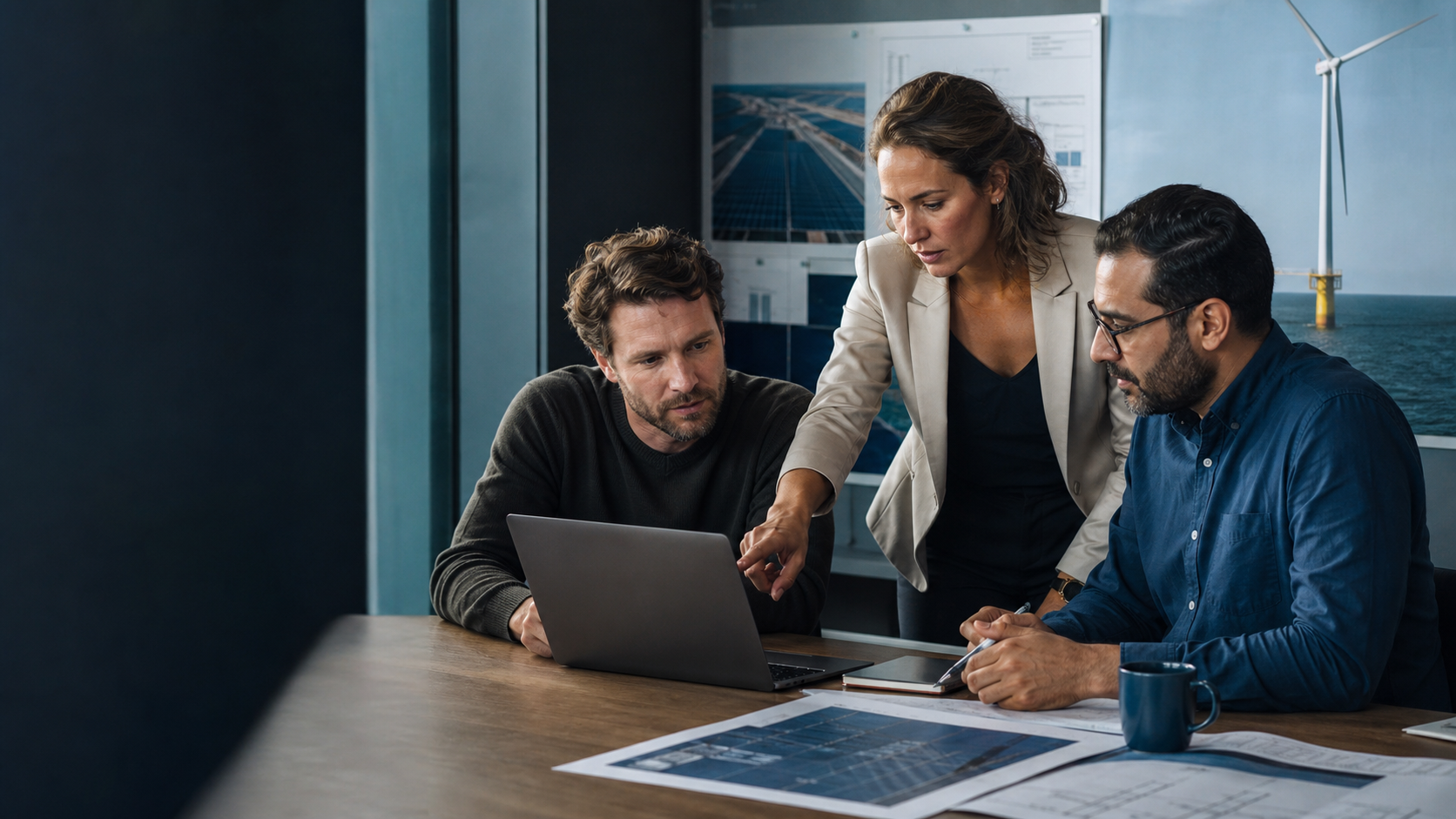 Rotterdam renewable-energy professionals reviewing an offshore wind and industrial energy project