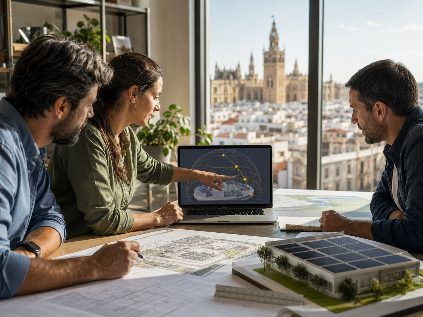 Seville engineers reviewing sun position, shading, and solar yield assumptions