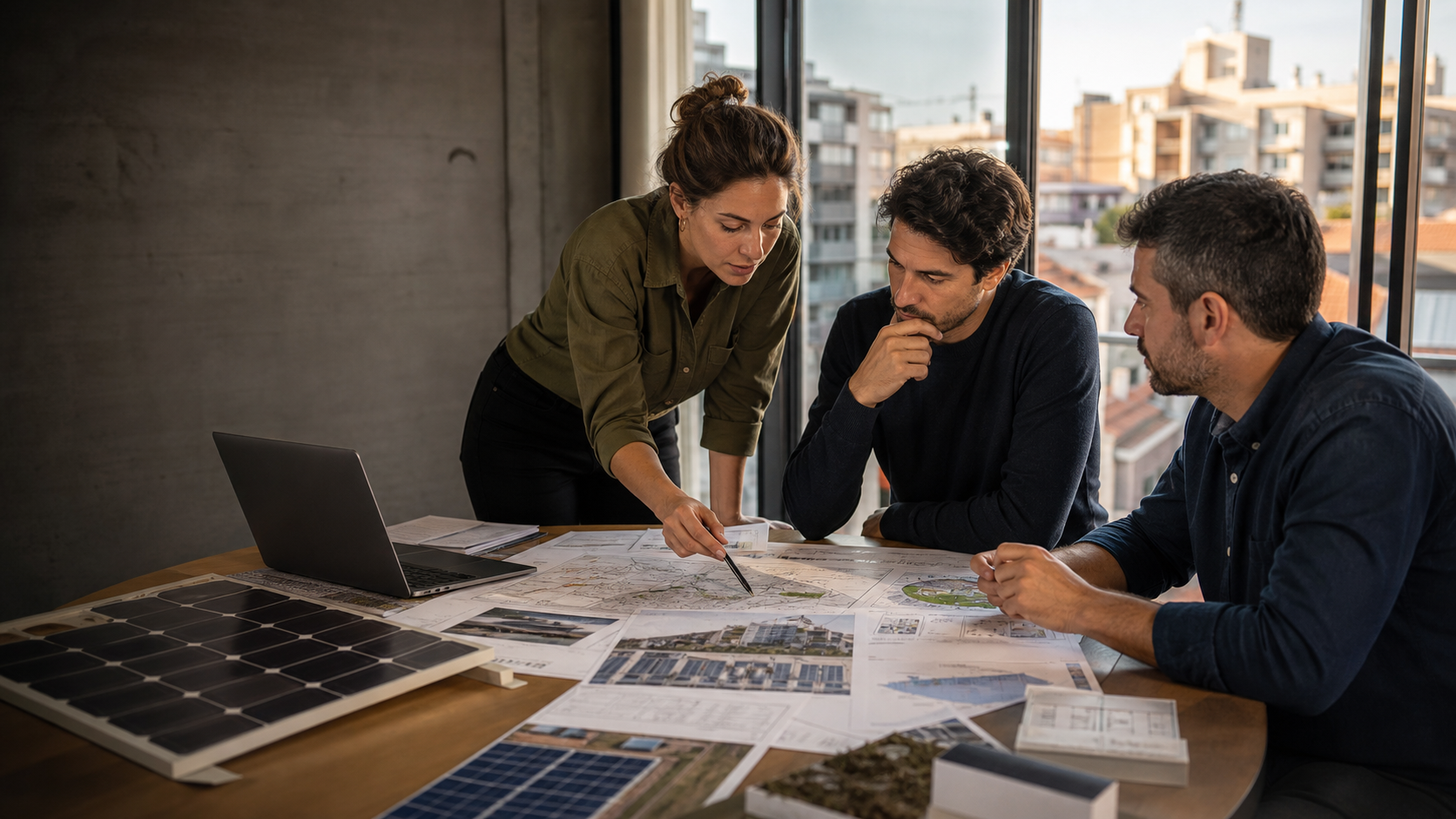 Seville renewable-energy professionals reviewing a photovoltaic and solar-thermal project