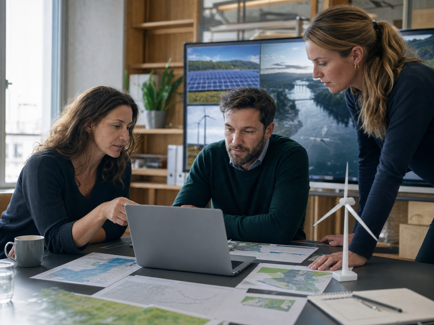 Stockholm renewable-energy engineers reviewing wind, hydropower, and solar assumptions
