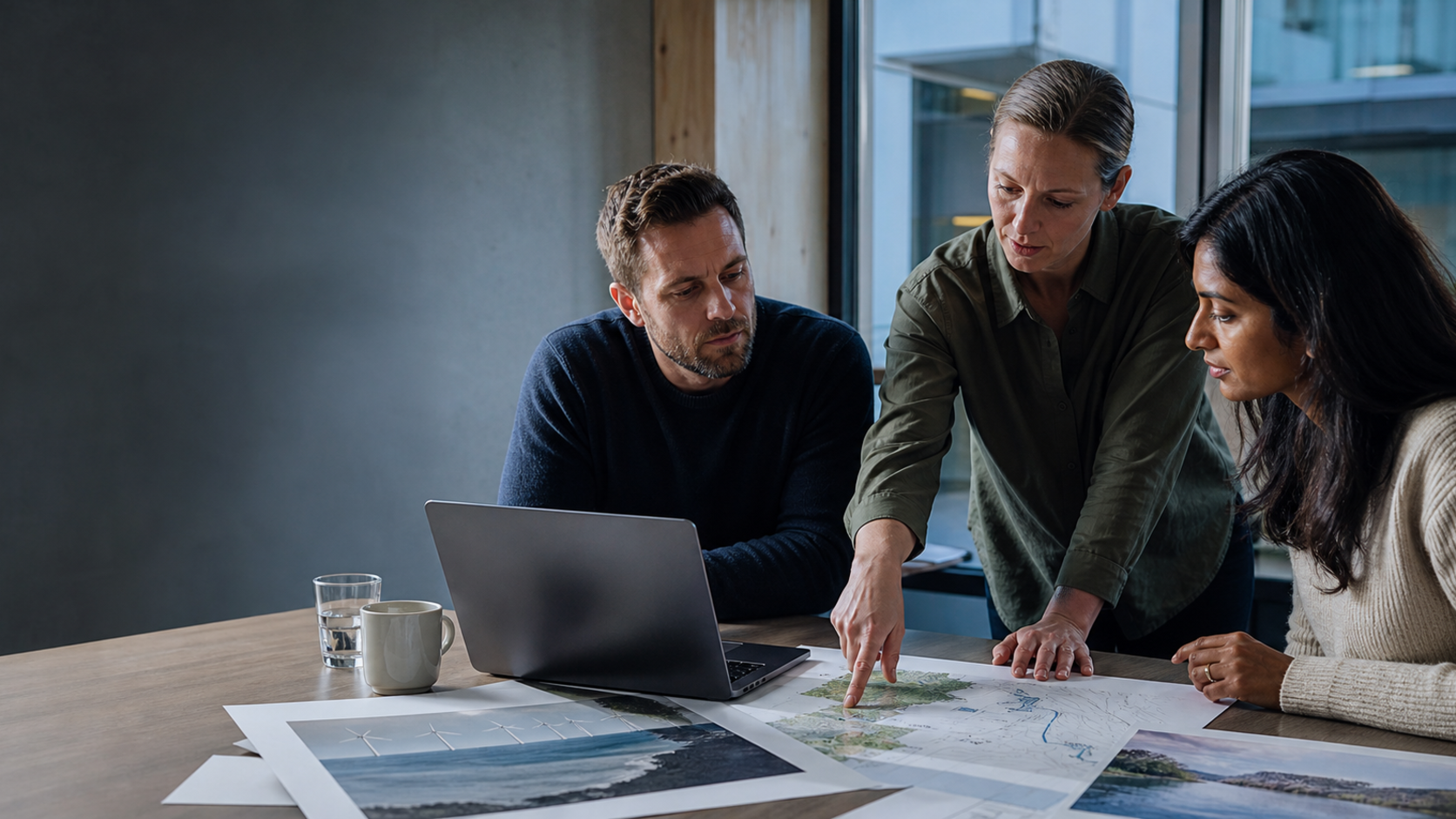 Stockholm renewable-energy professionals reviewing a Nordic energy project plan
