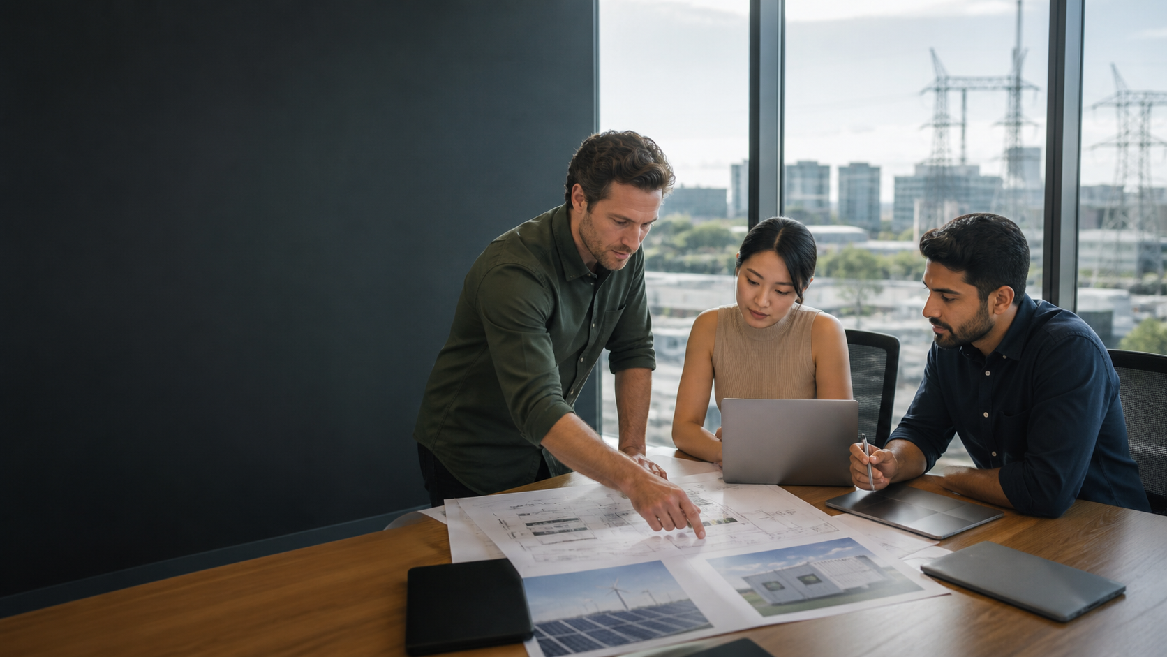 Sydney renewable-energy professionals reviewing a solar, wind, and battery project