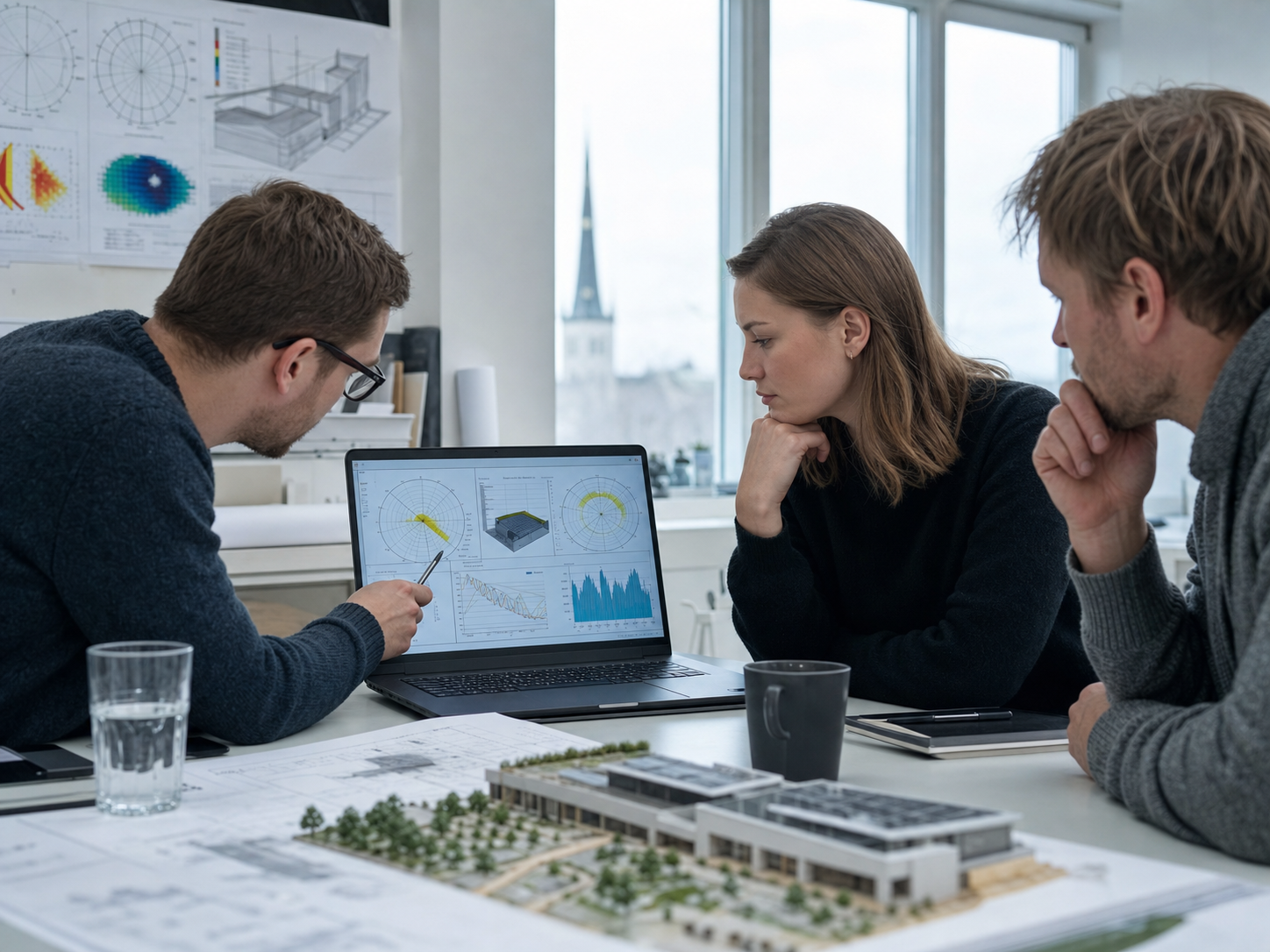 Tallinn engineers reviewing seasonal sun position, wind, and storage assumptions