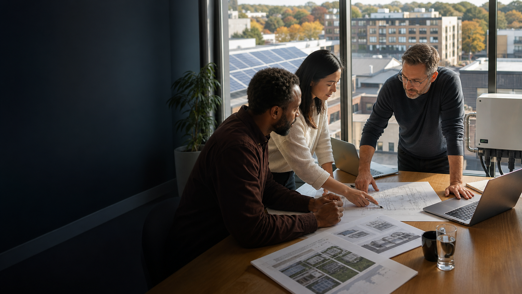 Toronto renewable-energy professionals reviewing a commercial building retrofit and solar project