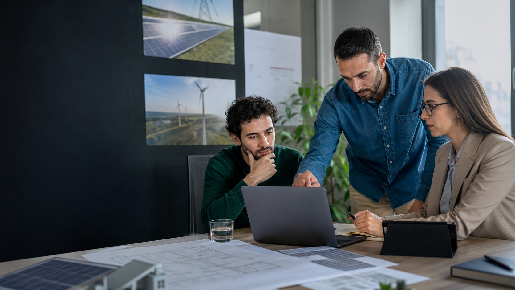 Valencia renewable-energy professionals reviewing a solar and grid project plan