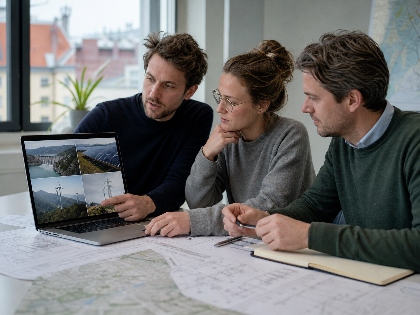 Vienna renewable-energy engineers reviewing hydropower, wind, and solar assumptions