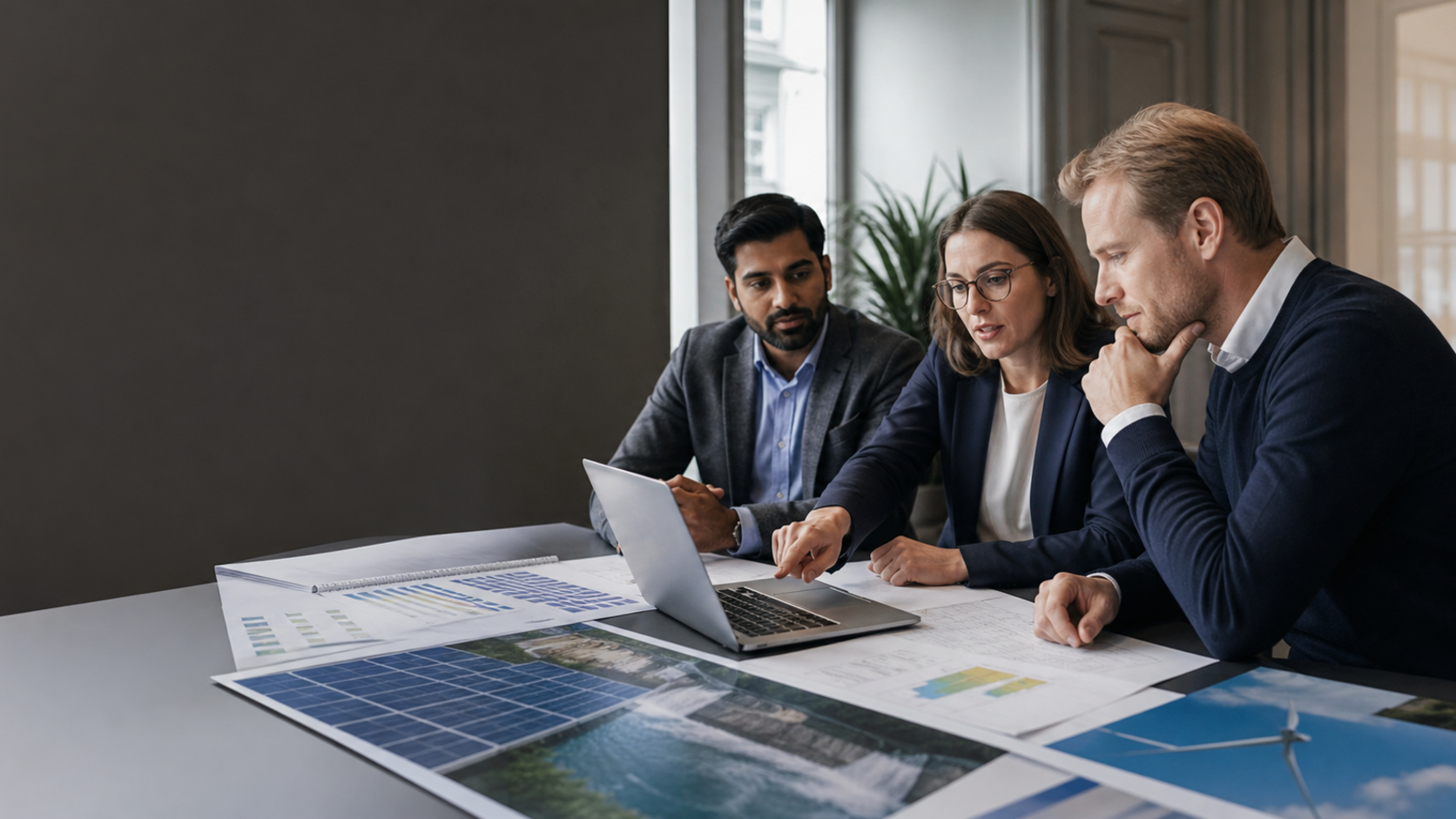 Vienna renewable-energy professionals reviewing a Central European project plan