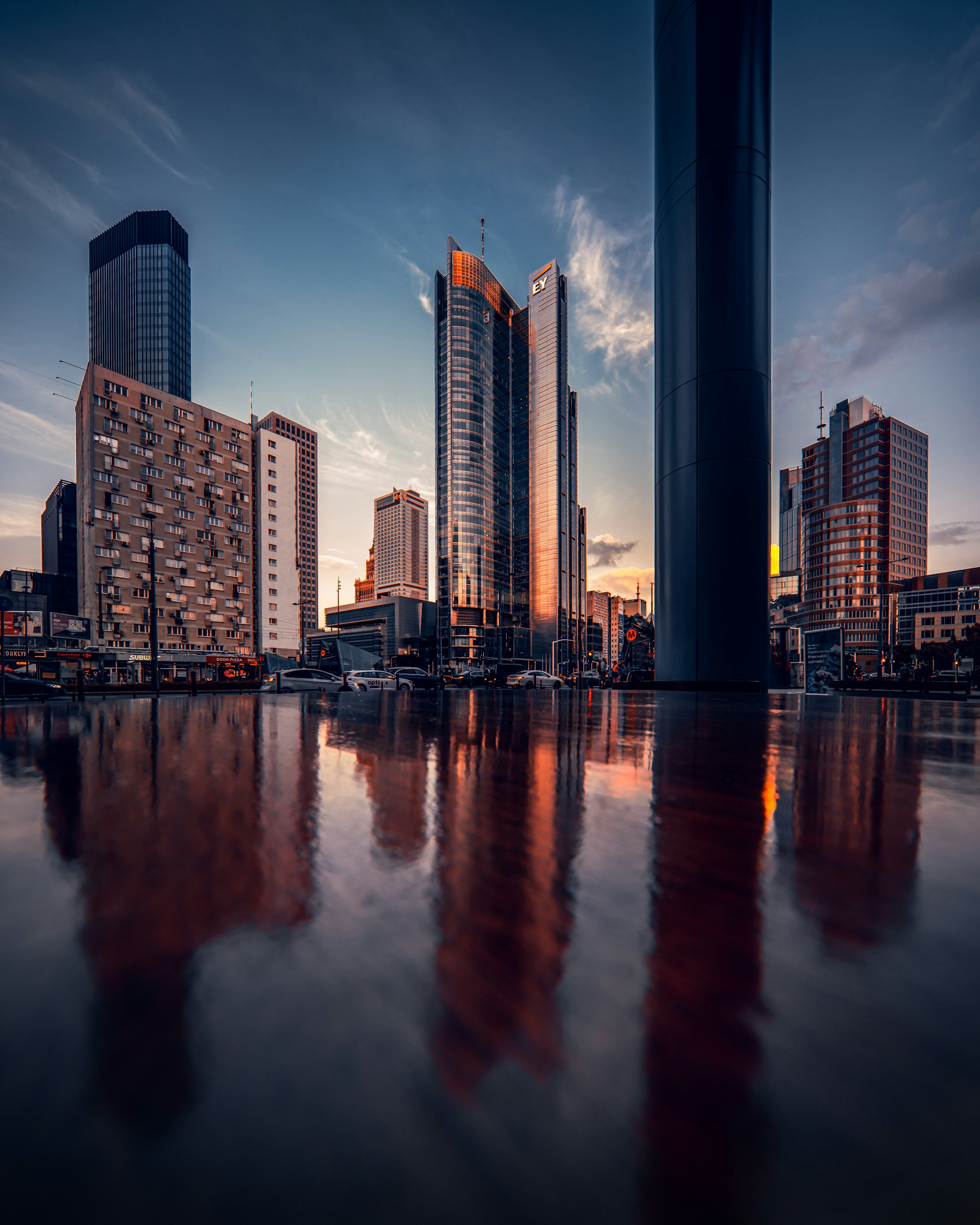 Warsaw skyline and waterfront photographed at sunset for the AI agency service area page