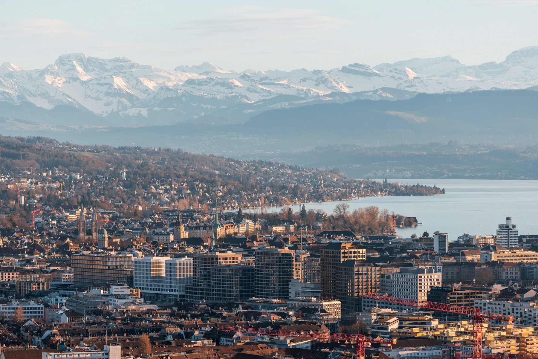 Zurich city and lake photographed with the Swiss Alps in the distance