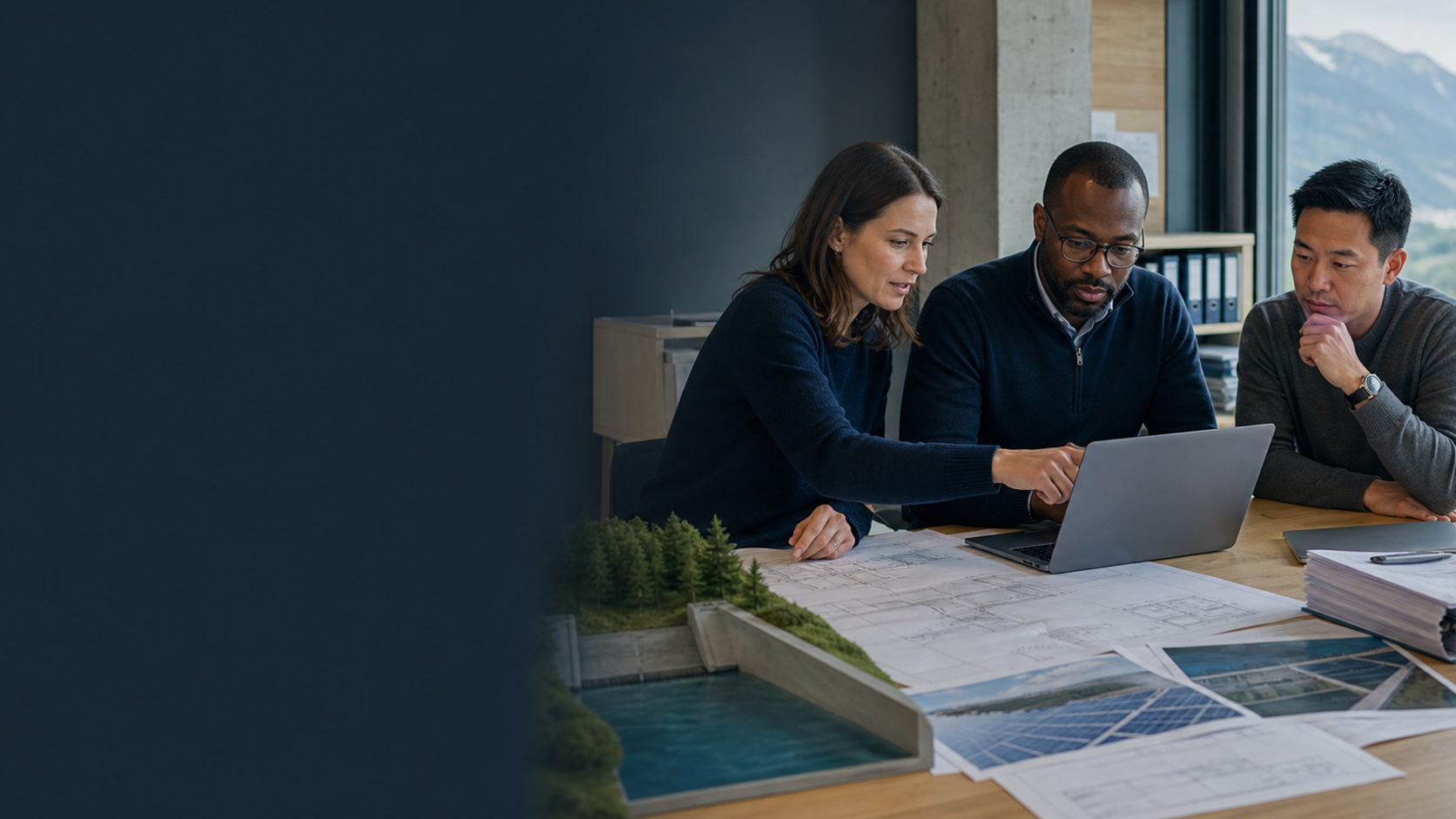 Zurich renewable-energy professionals reviewing a Swiss project proposal