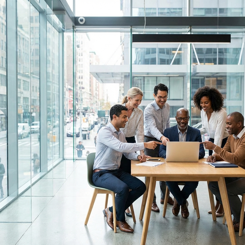 Colleagues collaborating around a laptop on a business process