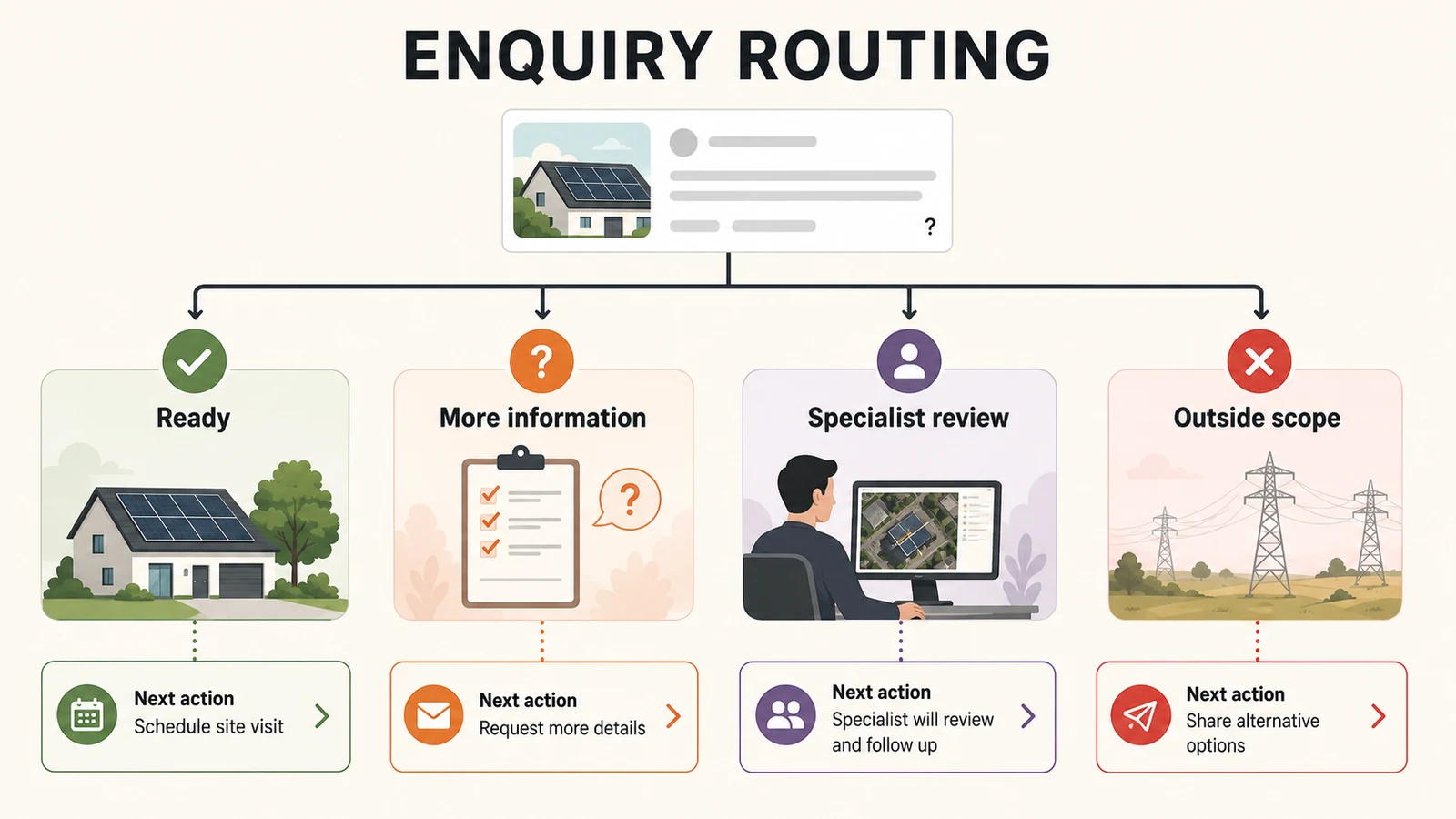 Routing options for complete and incomplete solar enquiries.