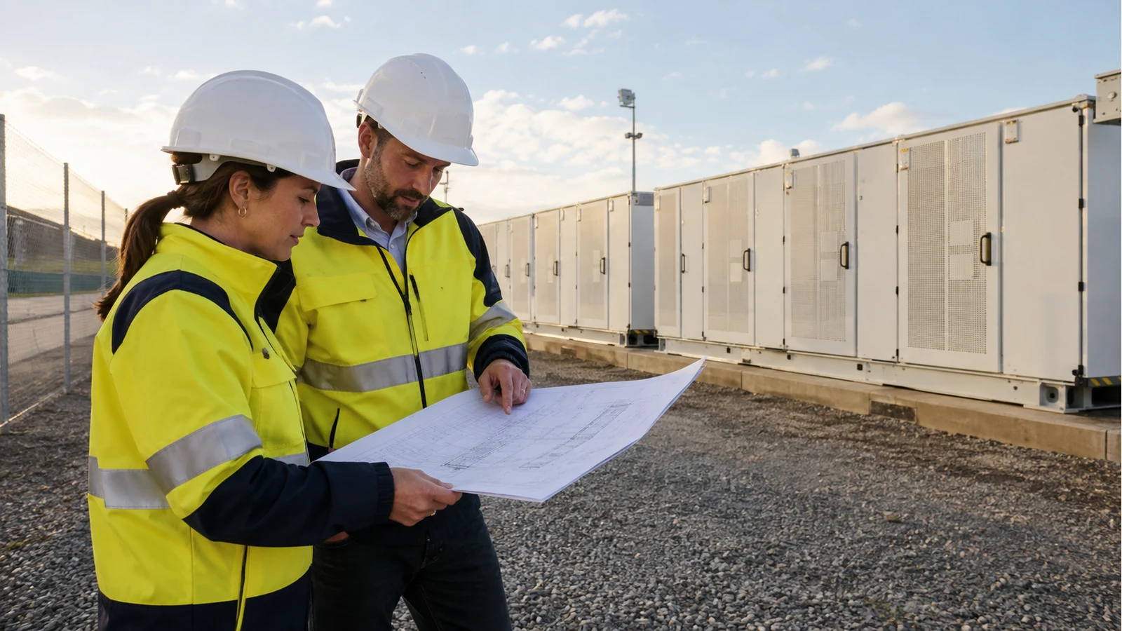 Project team reviewing a commercial battery storage site.