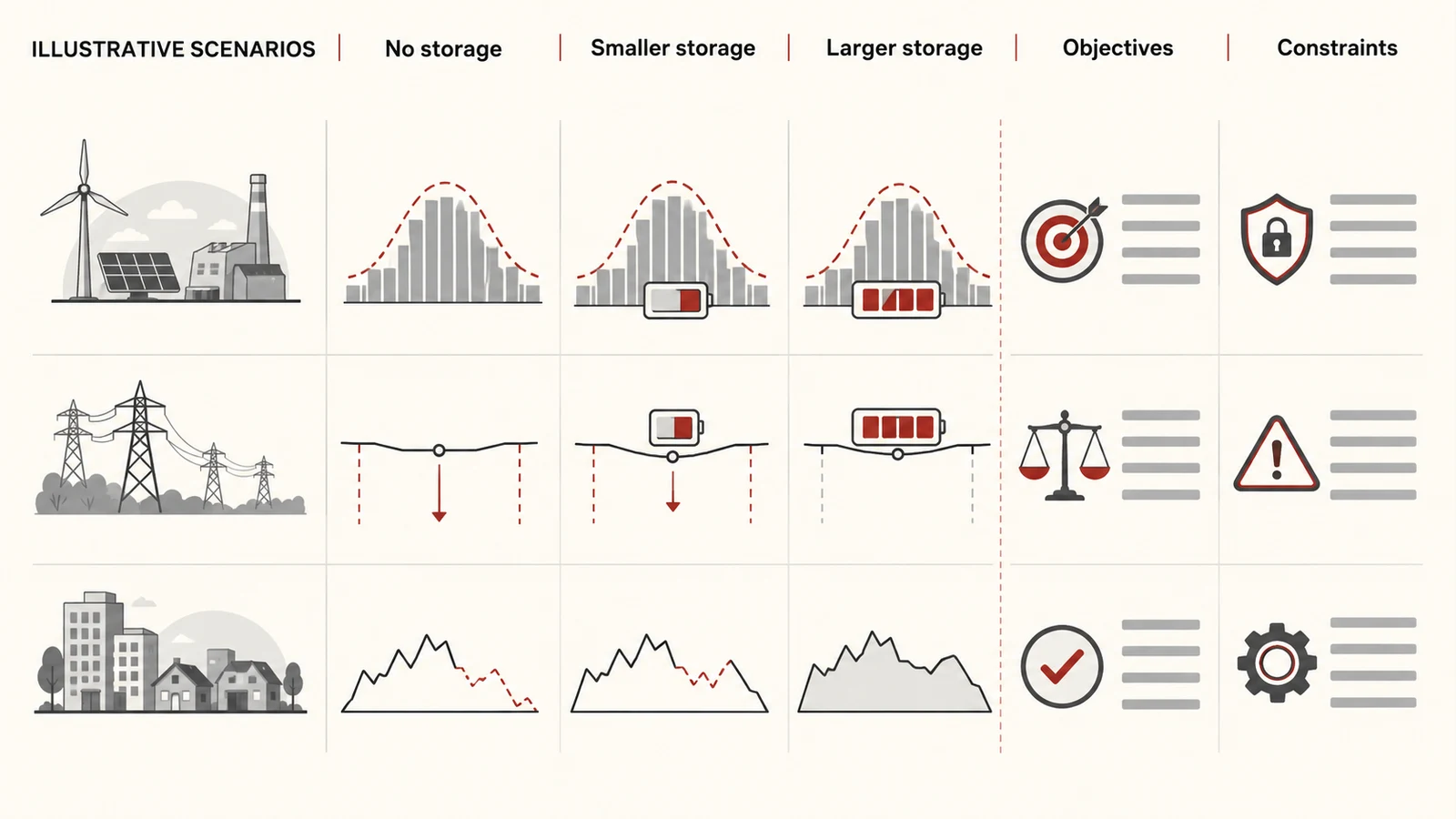 Illustrative comparison of three battery storage assessment scenarios.