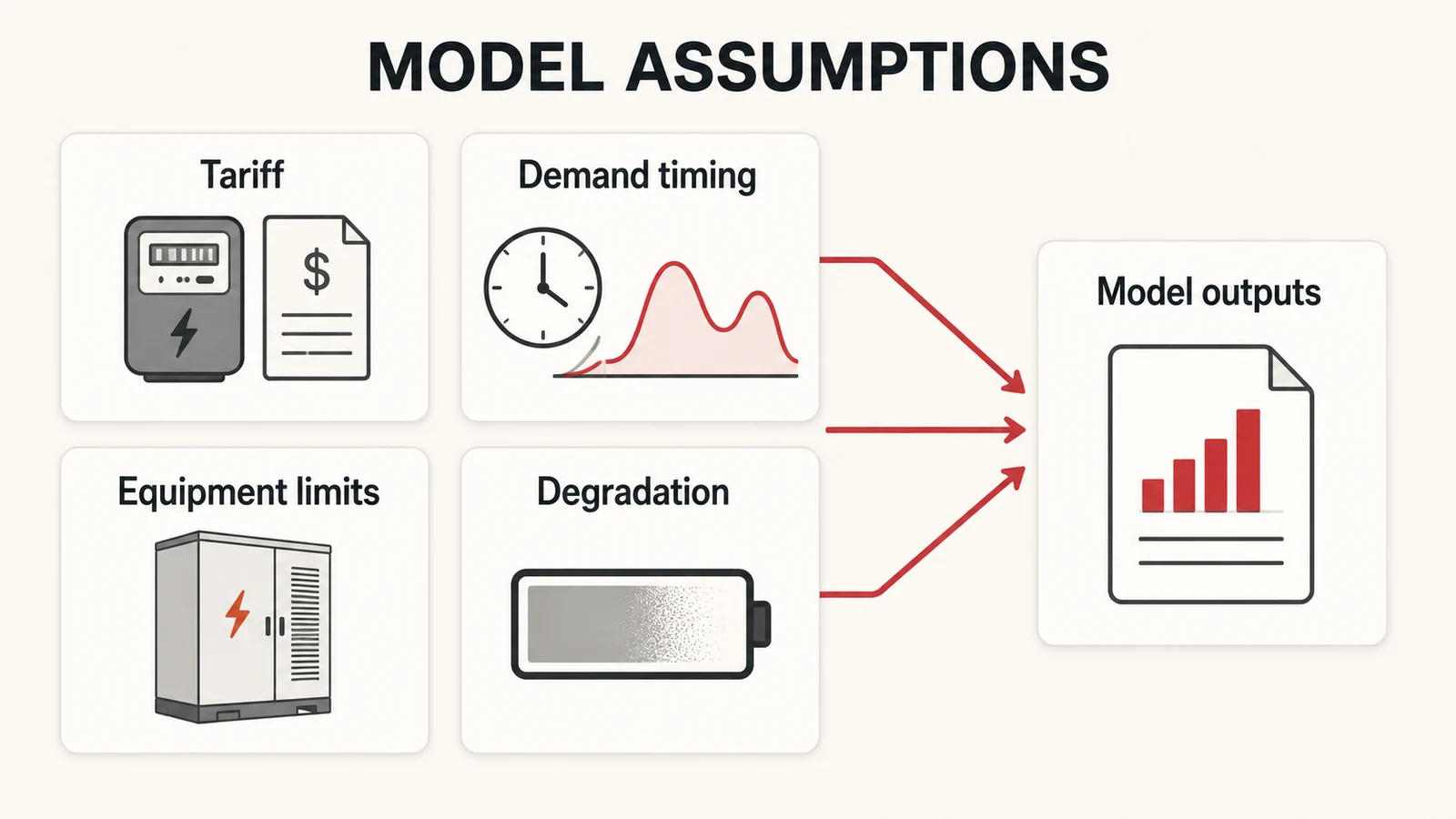 How project assumptions influence battery feasibility outputs.