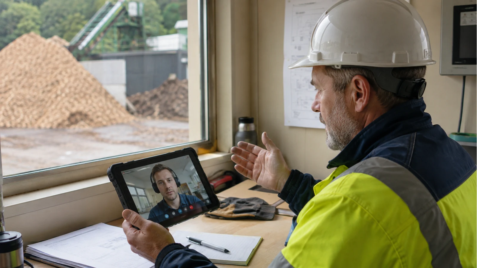 Renewable-energy field supervisor receiving remote IT support.