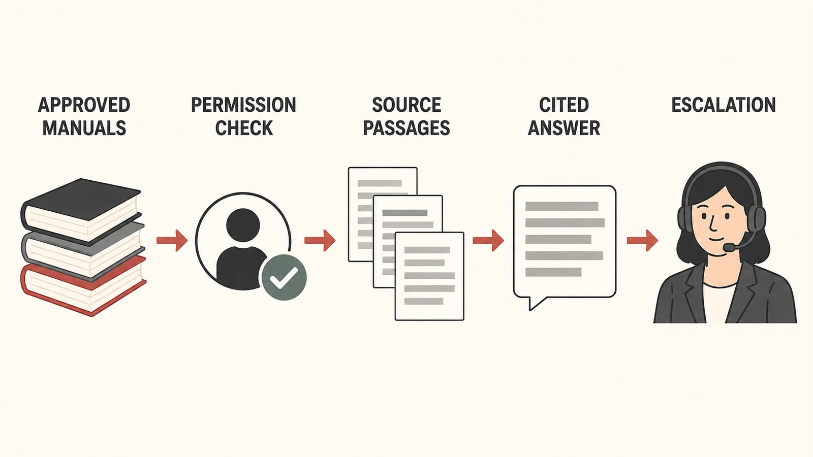 How an AI knowledge base retrieves approved information and cites its sources.