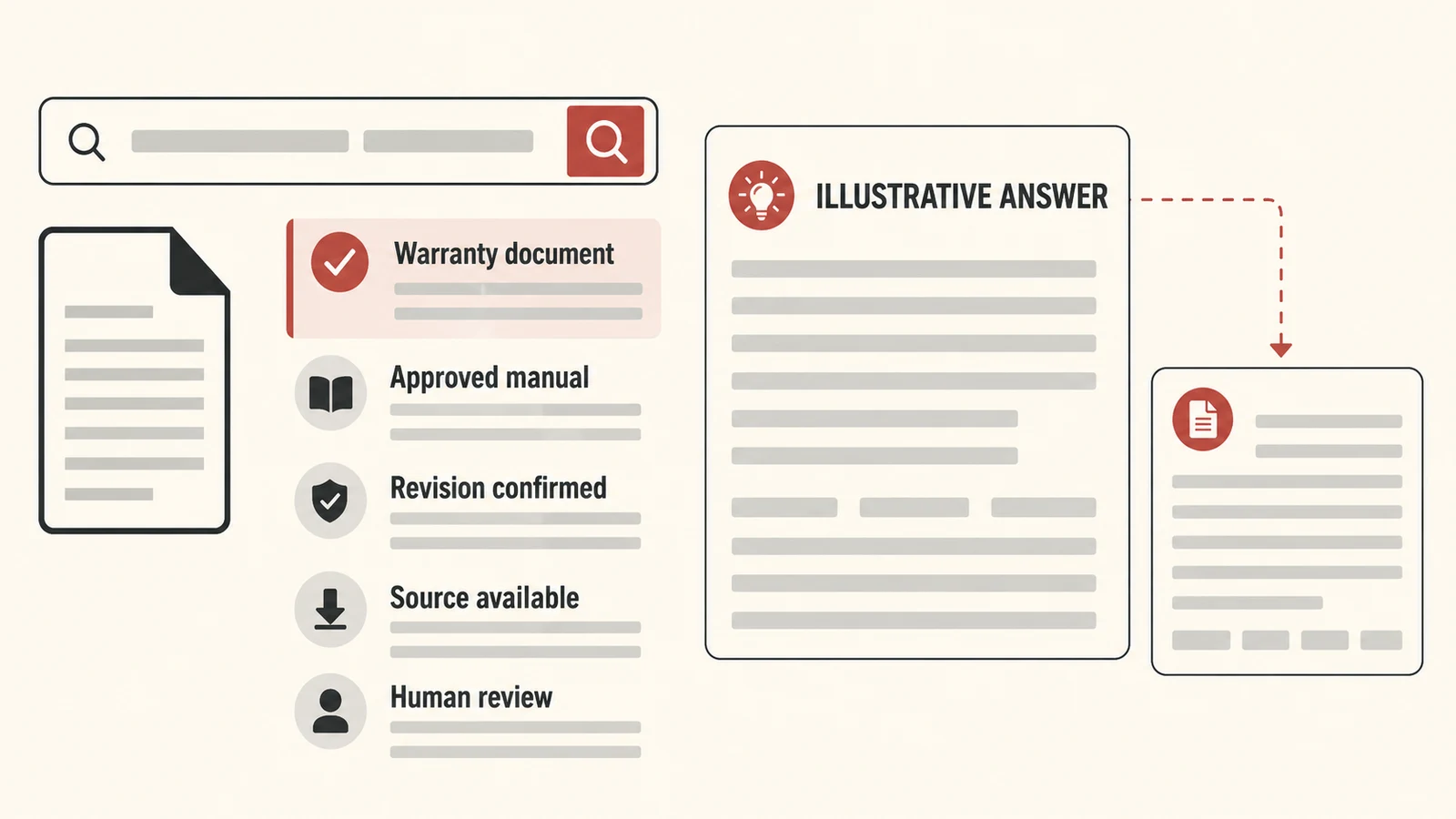Illustrative AI answer interface linking a warranty document, revision check, source, and human review.